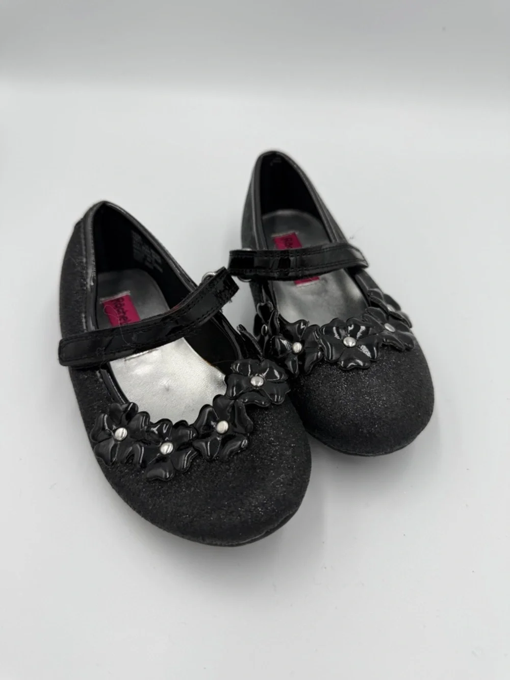 Rachel Shoes Toddler Girls 10 Formal Black Glitter Mary Jane Flats Floral Trim